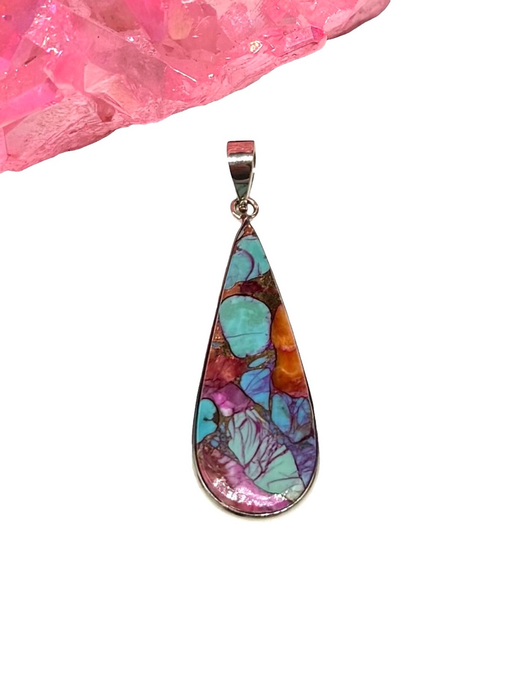 Kingman Pink Dahlia Turquoise Necklace Pendant 925 Silver Plated